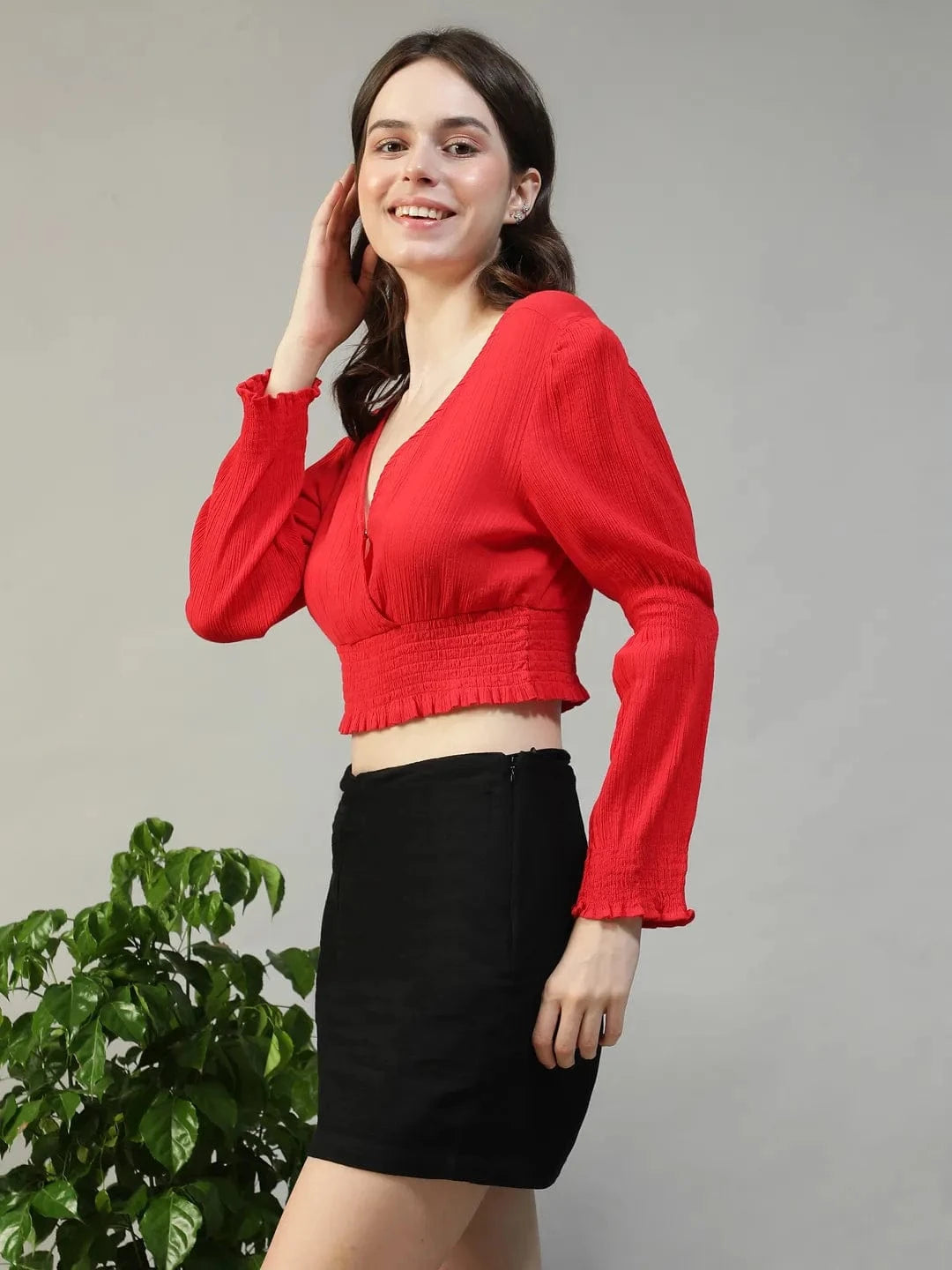 Dazzle Solid Red Long Sleeve Cotton Crepe Women Crop Top