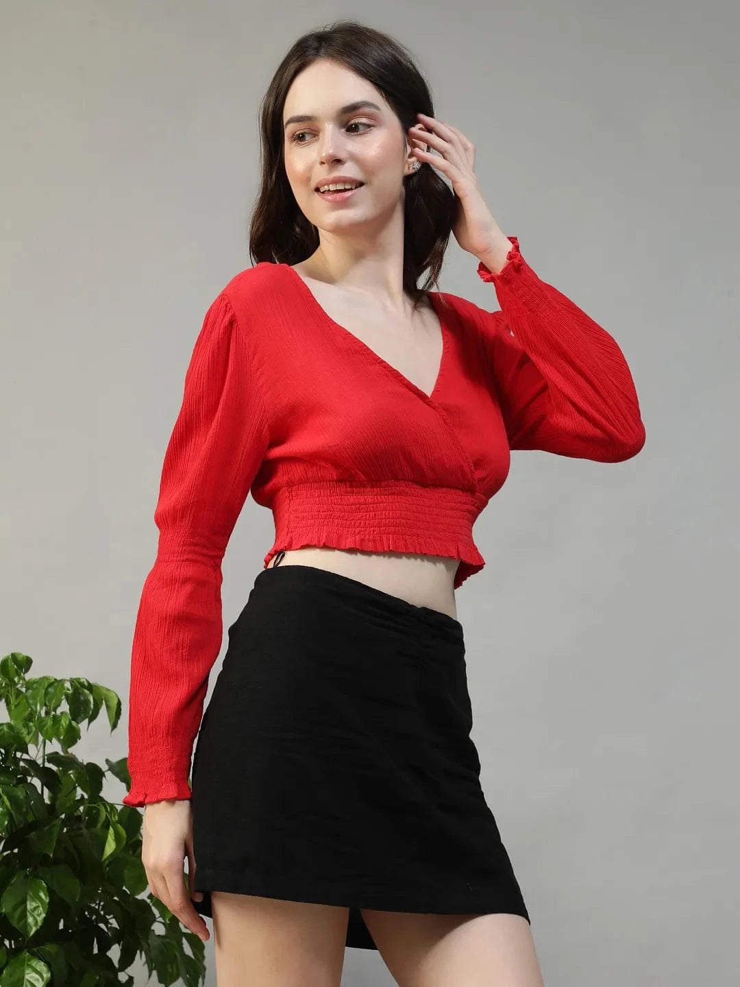 Dazzle Solid Red Long Sleeve Cotton Crepe Women Crop Top