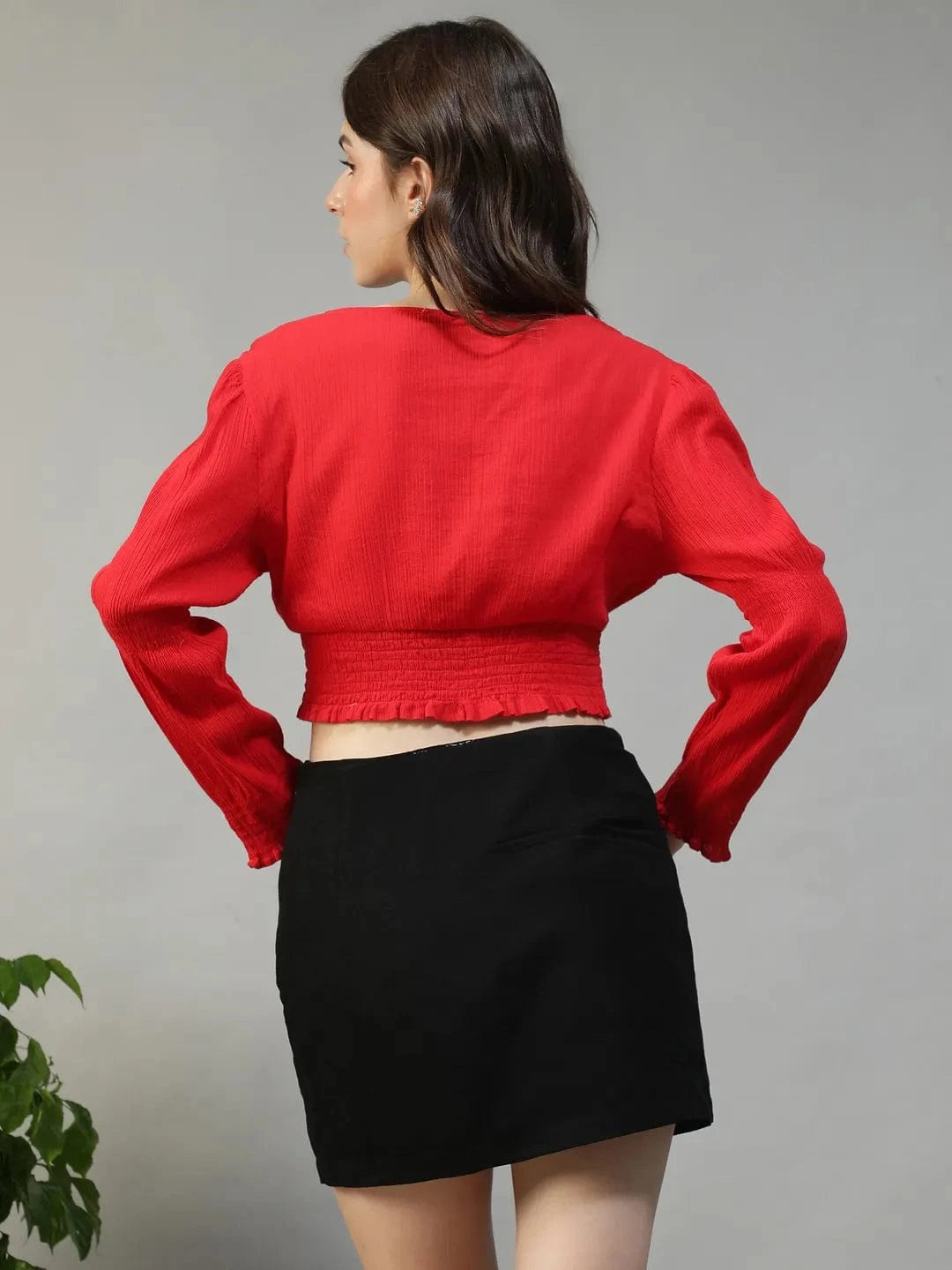 Dazzle Solid Red Long Sleeve Cotton Crepe Women Crop Top