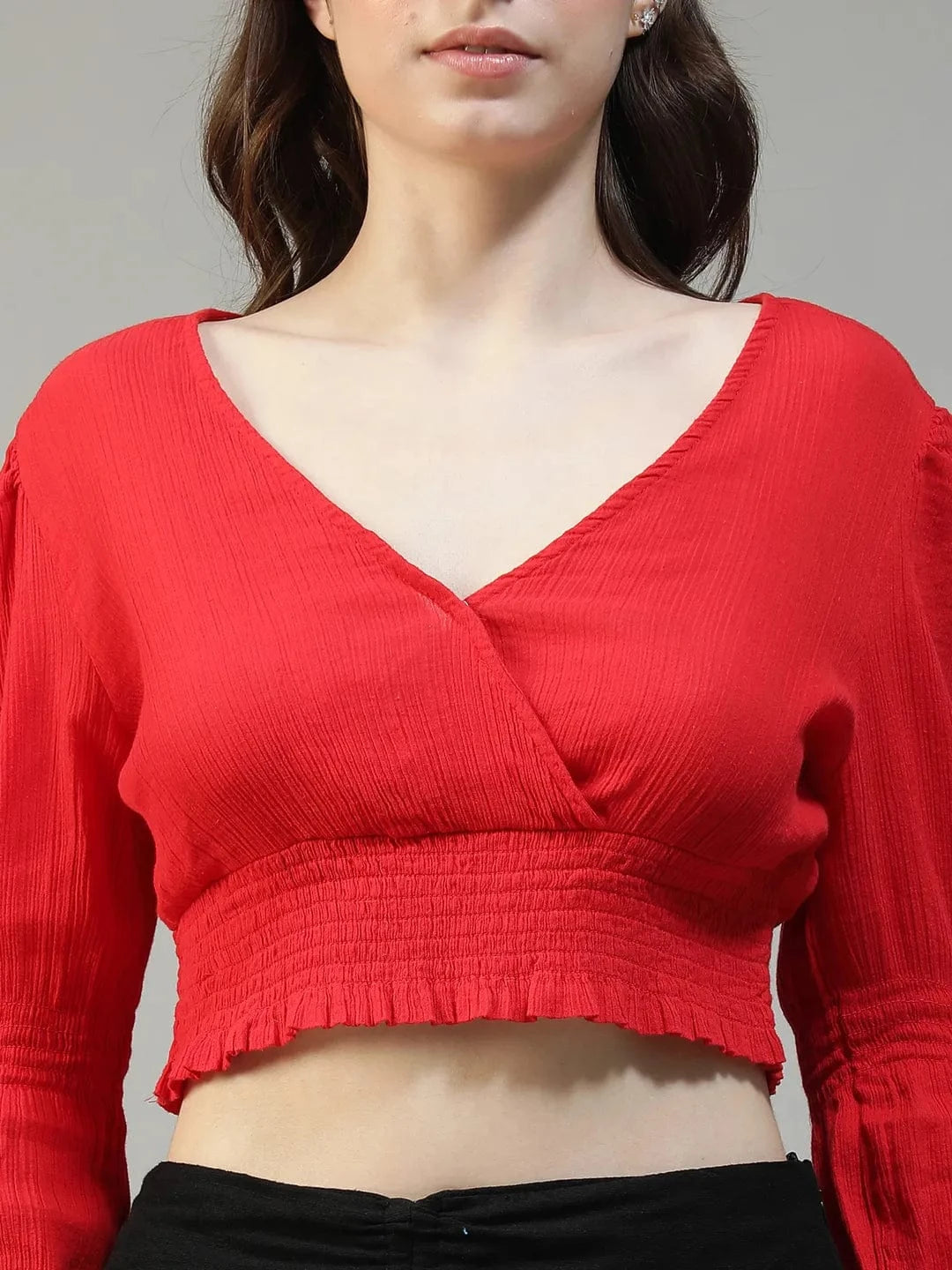 Dazzle Solid Red Long Sleeve Cotton Crepe Women Crop Top