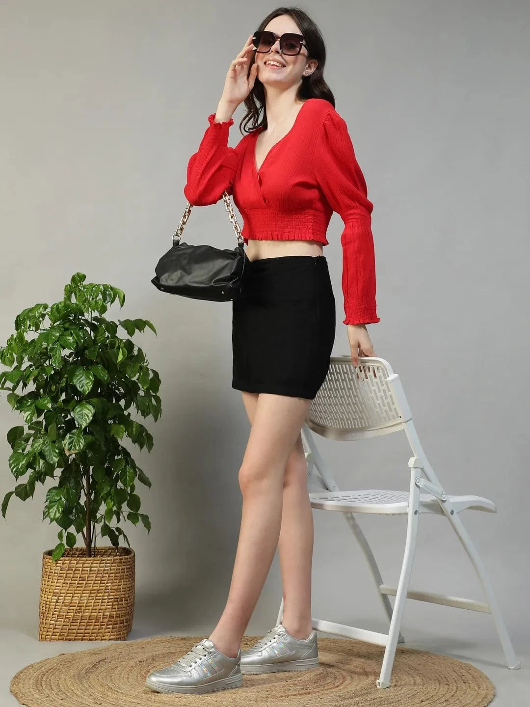 Dazzle Solid Red Long Sleeve Cotton Crepe Women Crop Top