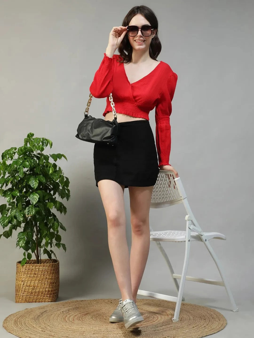 Dazzle Solid Red Long Sleeve Cotton Crepe Women Crop Top