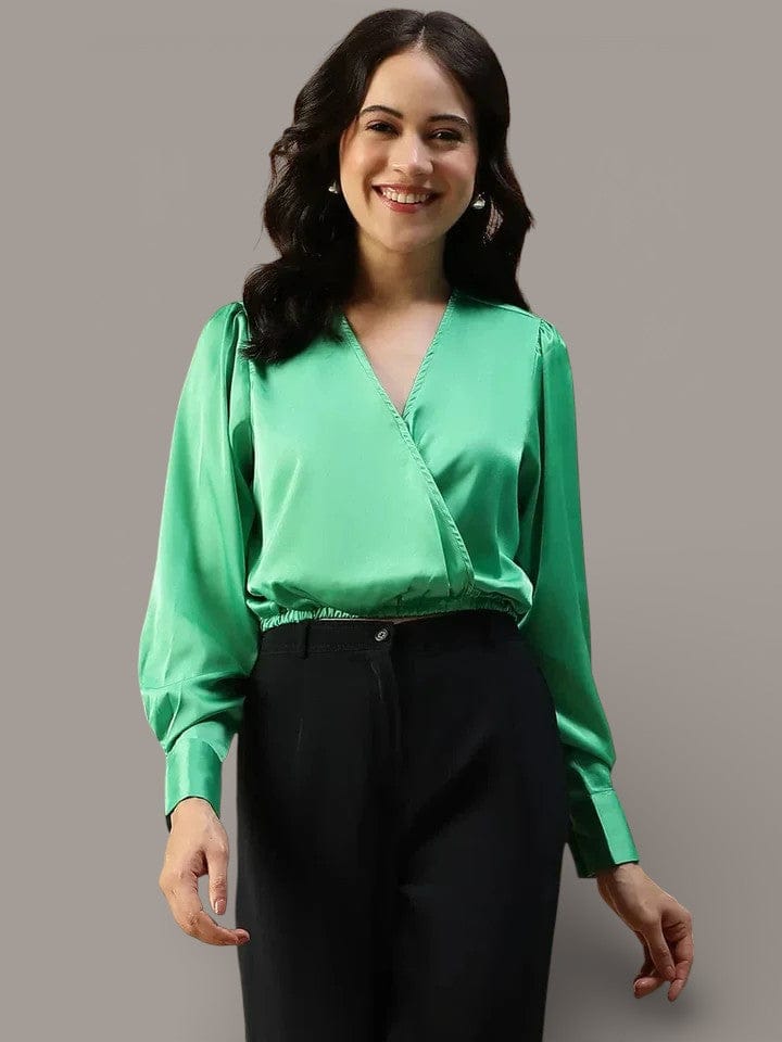 Women Satin Crop Top - Green Long Sleeve Elasticated Hem Party Wear Blouse
