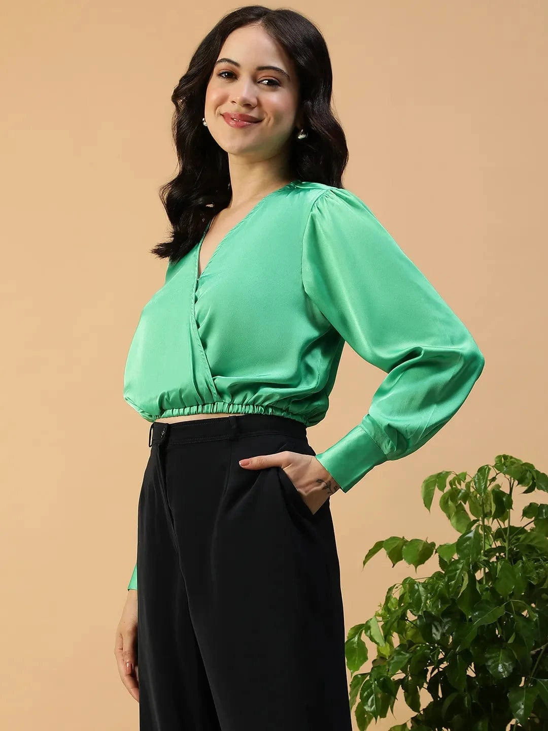 Popy Solid Green Long Sleeve Elasticated Women Satin Crop Top