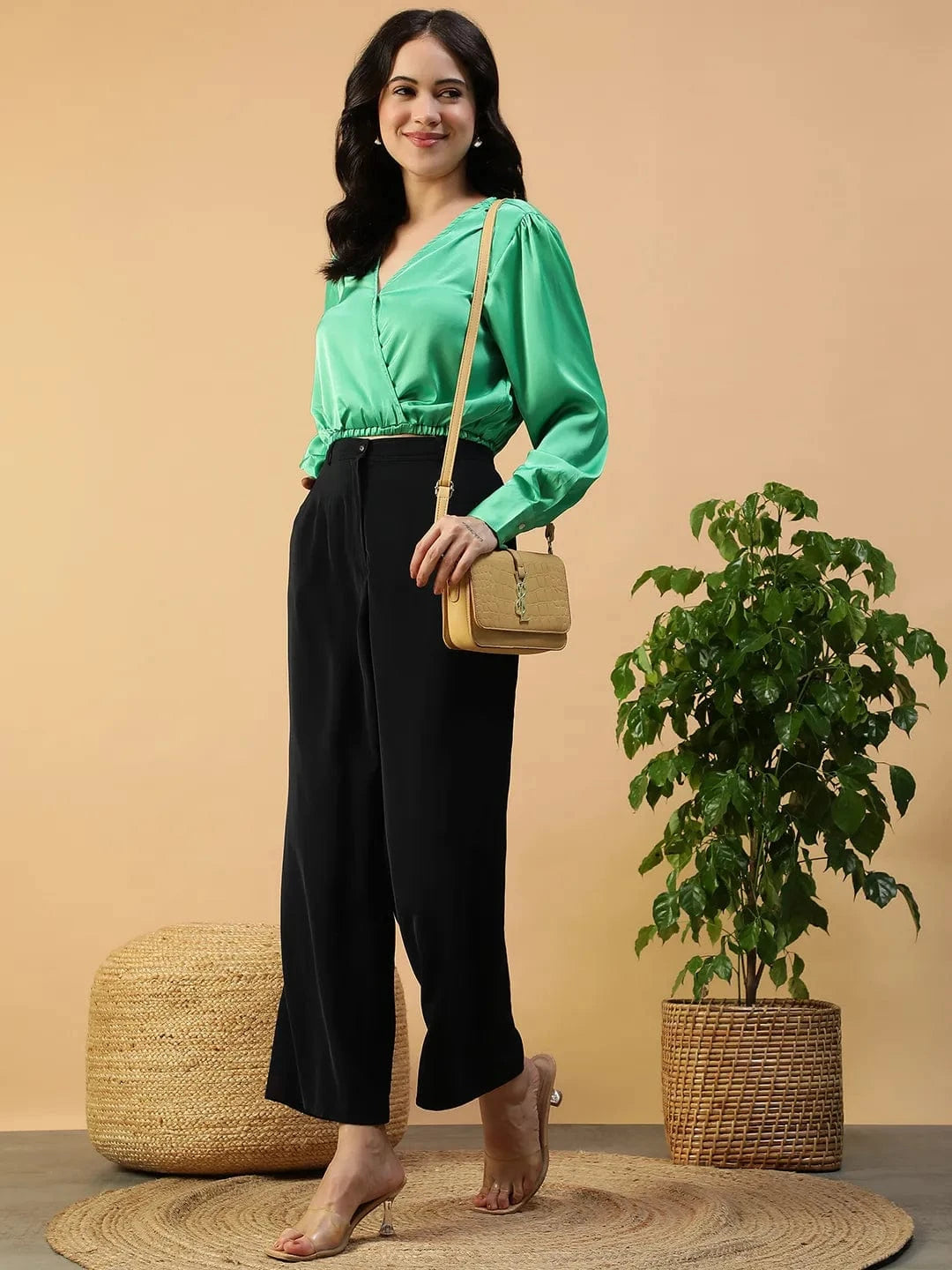 Popy Solid Green Long Sleeve Elasticated Women Satin Crop Top