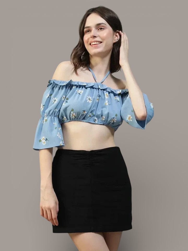 Blue Floral Crop Top - Off Shoulder Halter Tie-Up With Ruffle Detail