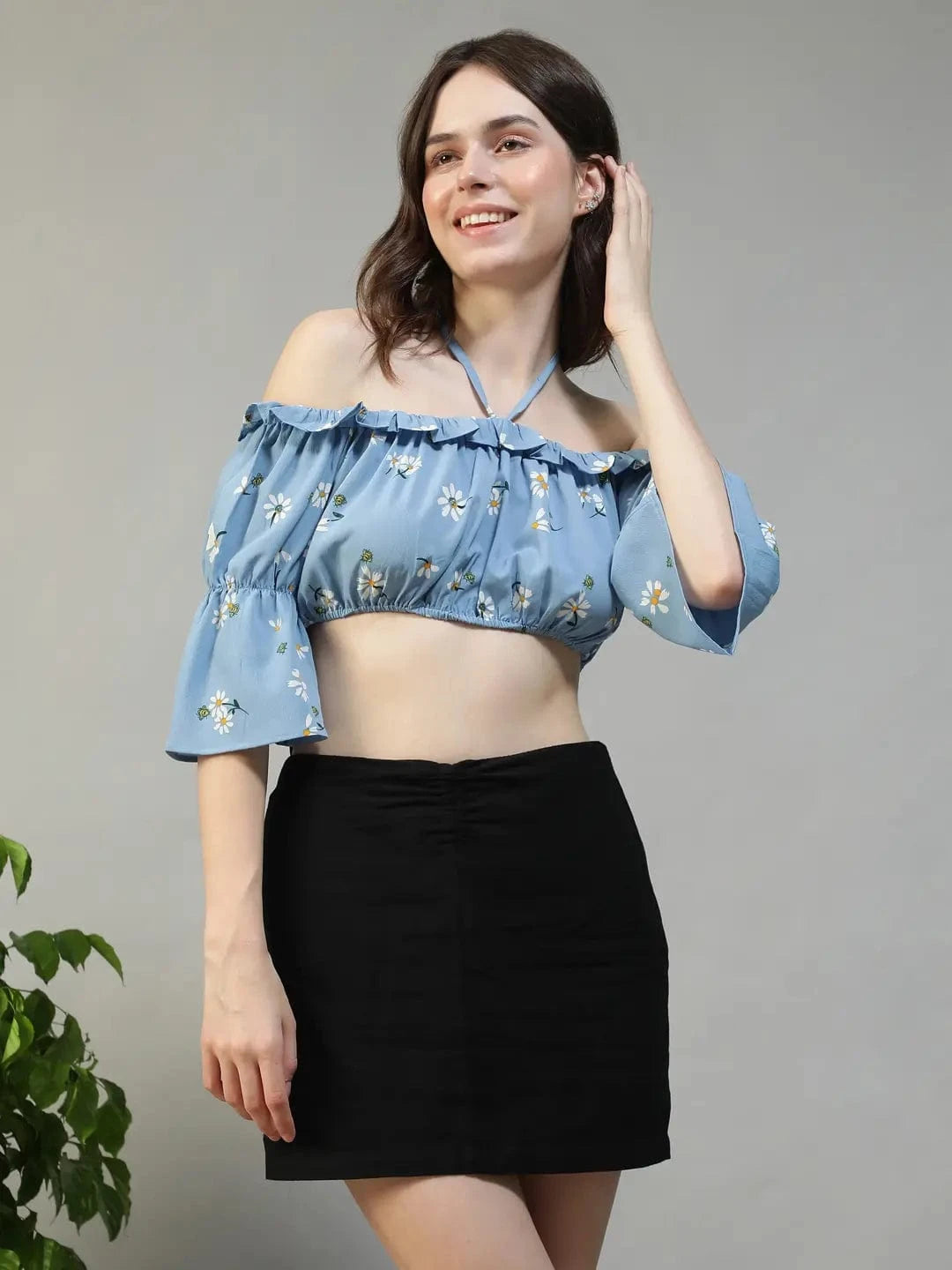 Fairy Blue Floral Print Ruffle & Tie-Up Detail women Off Shoulder Halter Crop Top