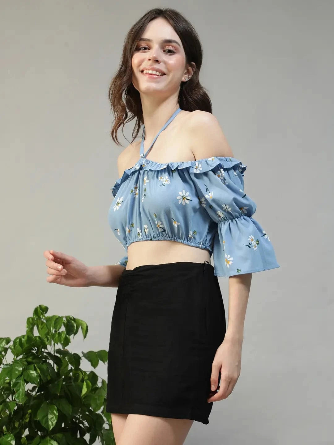 Fairy Blue Floral Print Ruffle & Tie-Up Detail women Off Shoulder Halter Crop Top