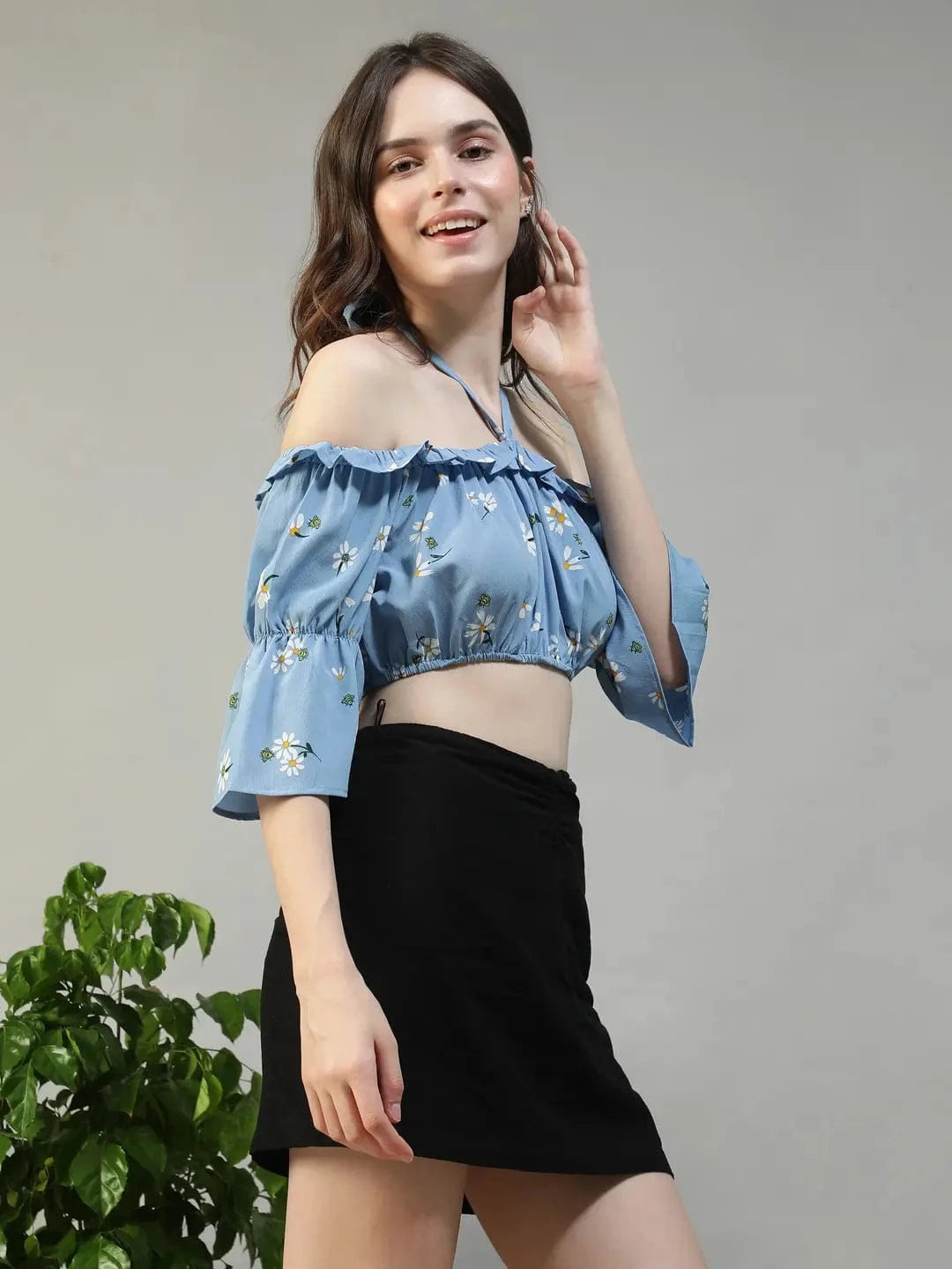 Fairy Blue Floral Print Ruffle & Tie-Up Detail women Off Shoulder Halter Crop Top