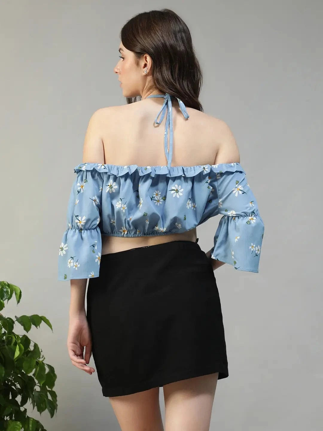 Fairy Blue Floral Print Ruffle & Tie-Up Detail women Off Shoulder Halter Crop Top