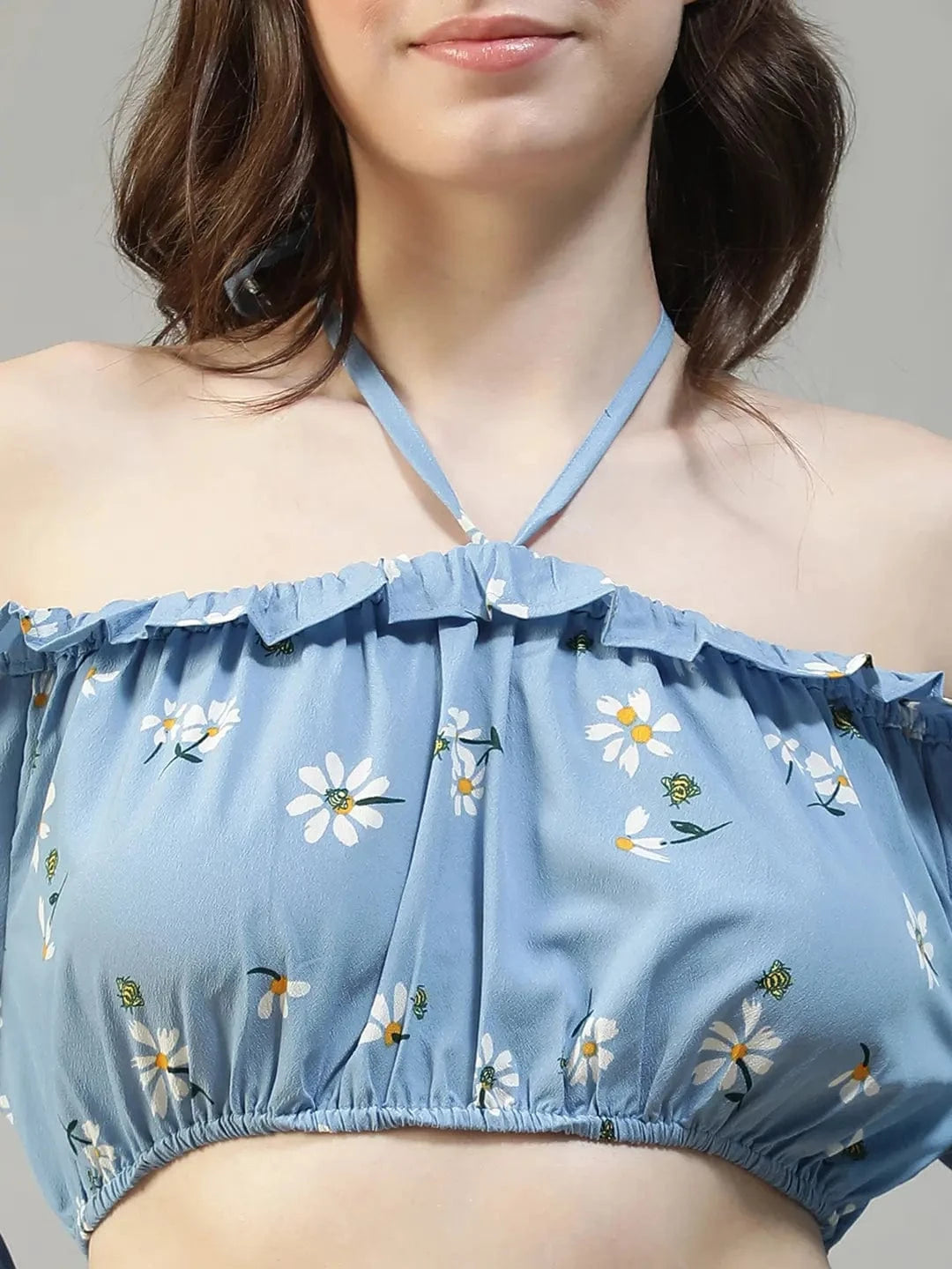 Fairy Blue Floral Print Ruffle & Tie-Up Detail women Off Shoulder Halter Crop Top