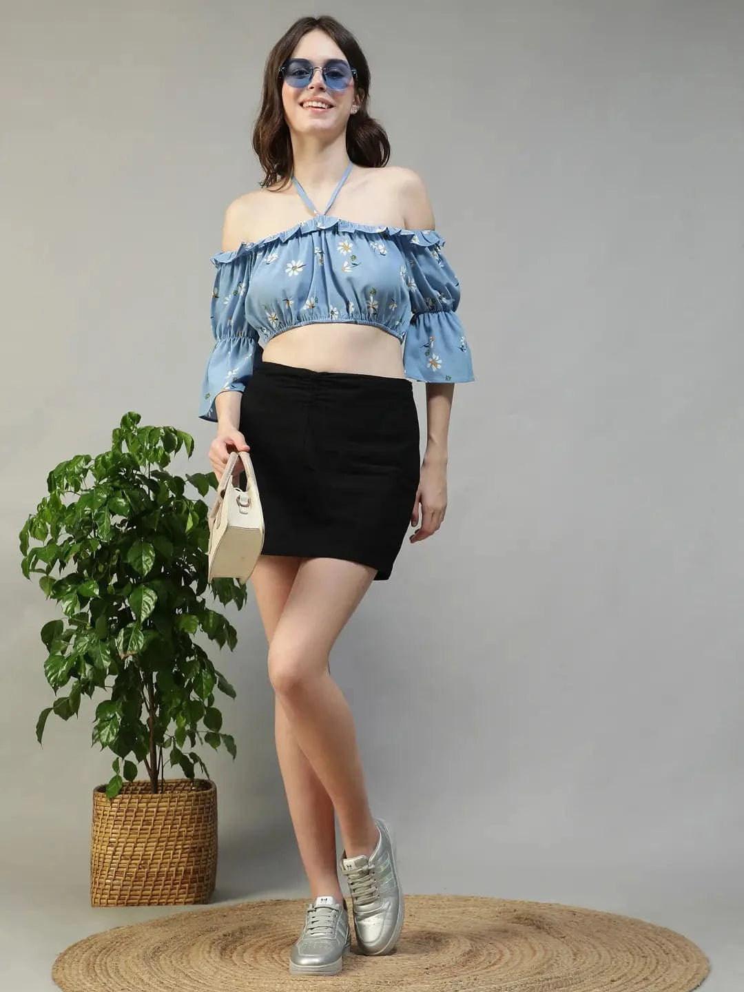 Fairy Blue Floral Print Ruffle & Tie-Up Detail women Off Shoulder Halter Crop Top