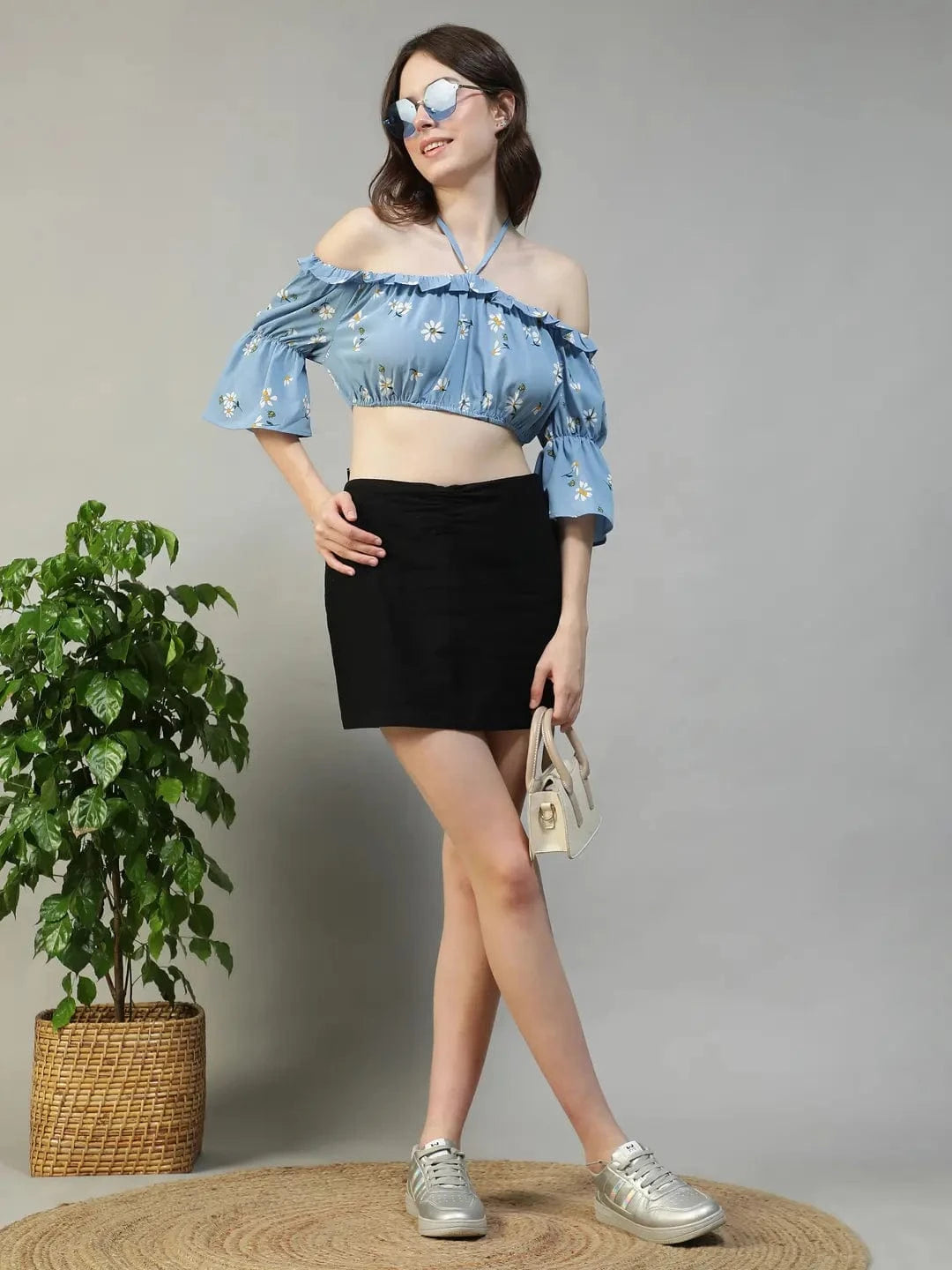 Fairy Blue Floral Print Ruffle & Tie-Up Detail women Off Shoulder Halter Crop Top