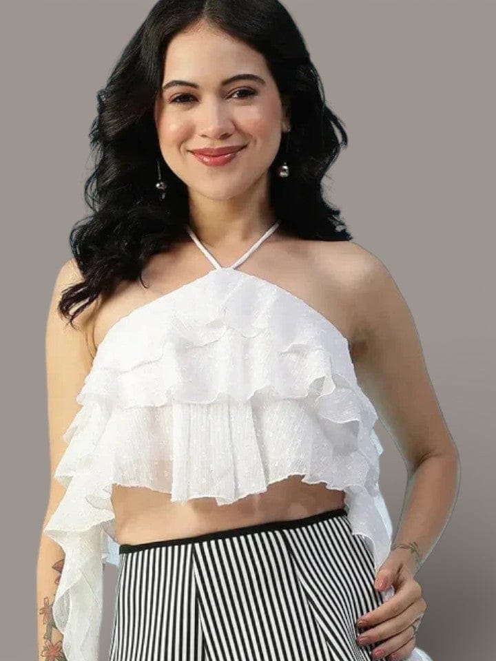 White Halter Crop Top - Women's Summer Tie-Up Halter Neck Blouse with Ruffle Detail