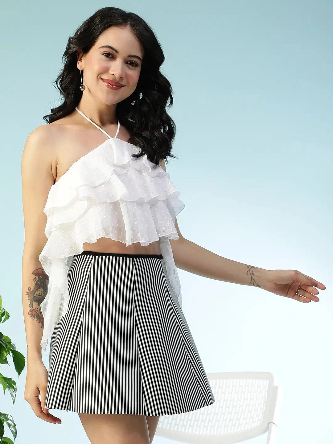 Trending Solid White Tie-Up Detail & Ruffle Accents Swiss Dot Dobby Chiffon Women Halter Crop Top