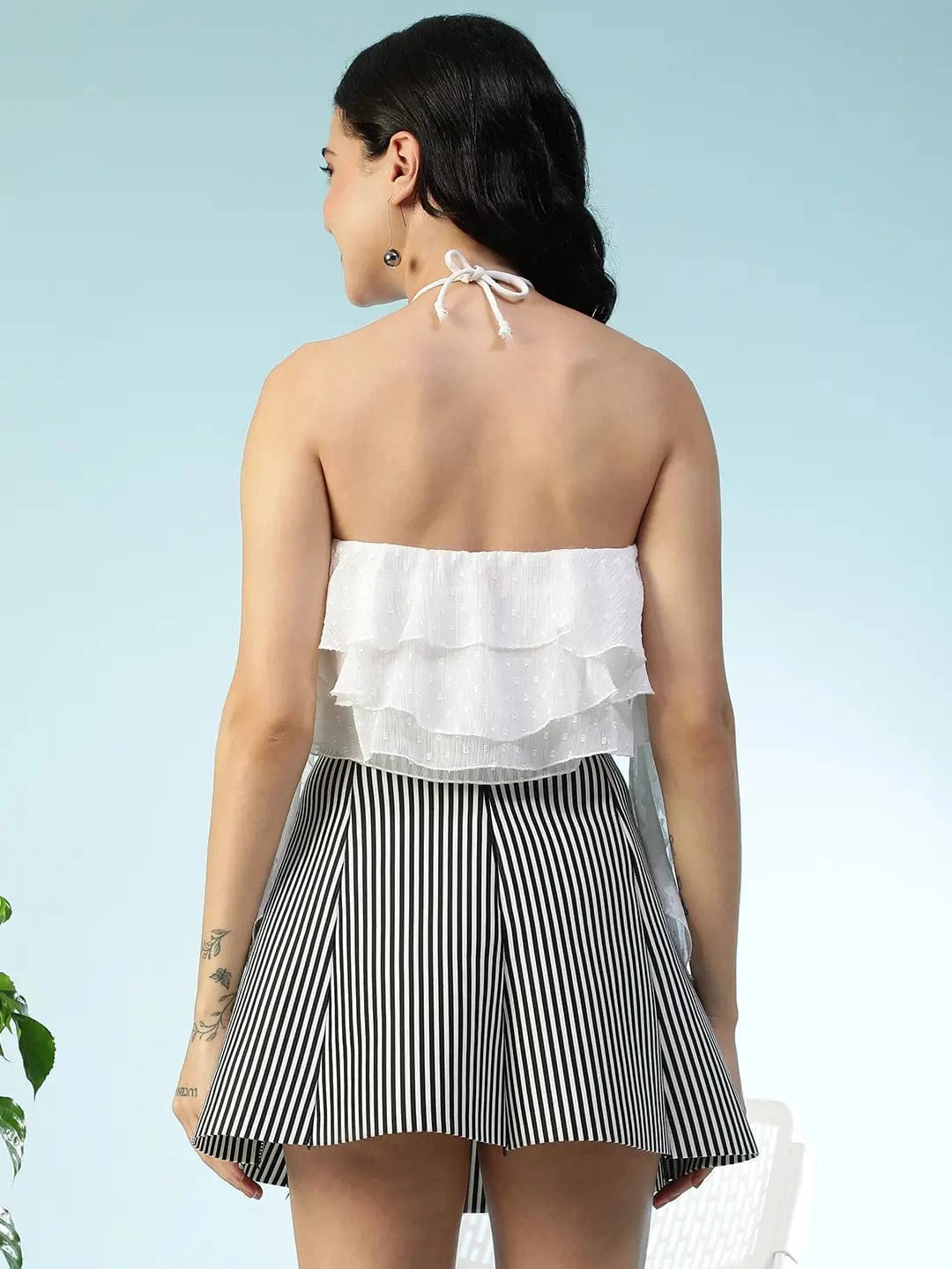 Trending Solid White Tie-Up Detail & Ruffle Accents Swiss Dot Dobby Chiffon Women Halter Crop Top