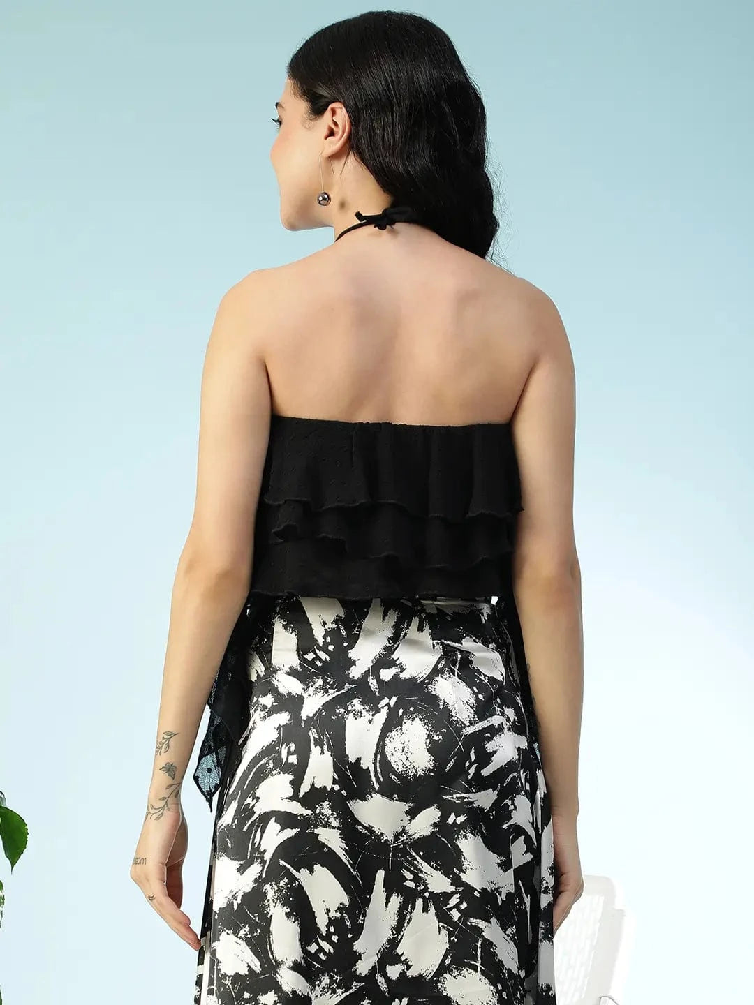 Galaxy Solid Black Tie-Up Detail & Ruffle Accents Swiss Dot Dobby Chiffon Women Halter Crop Top