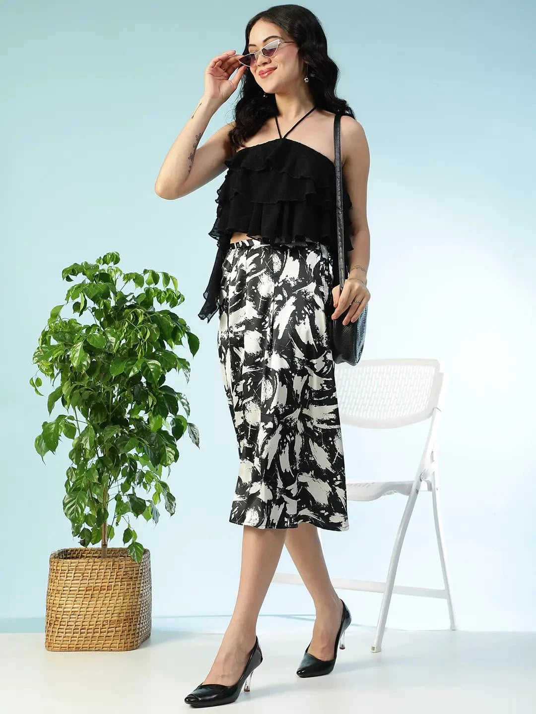 Galaxy Solid Black Tie-Up Detail & Ruffle Accents Swiss Dot Dobby Chiffon Women Halter Crop Top