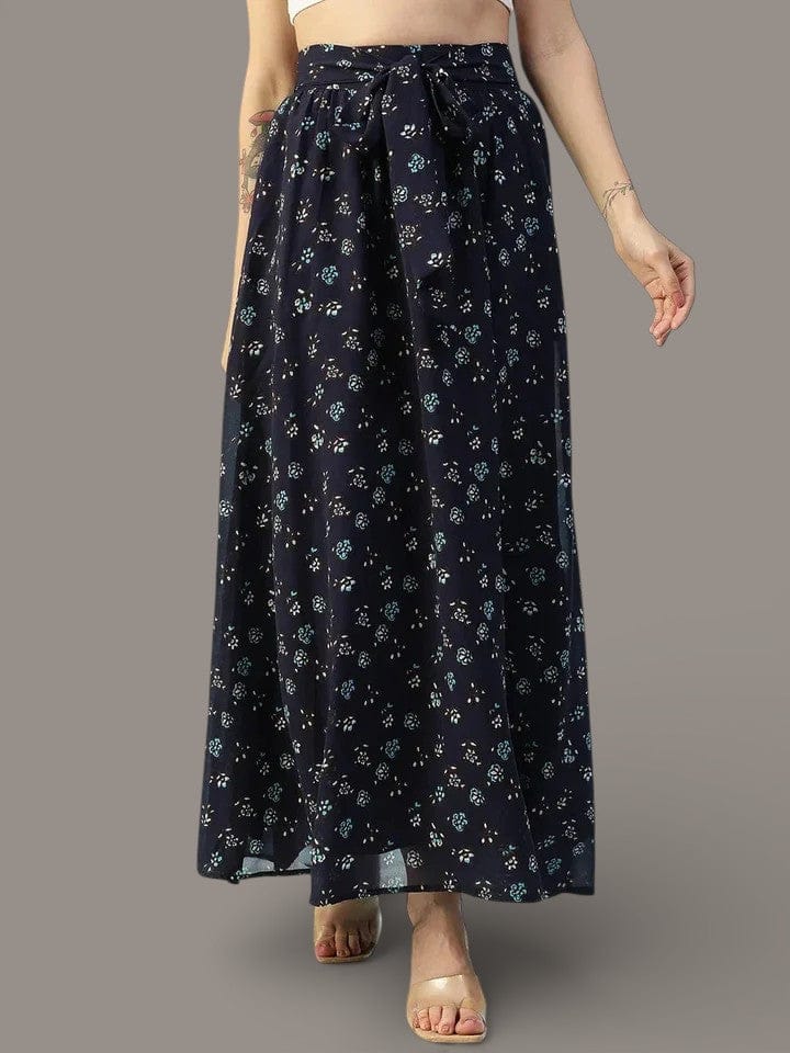 Runway Blue Floral Print Elasticated Waist With Tie-Up Belt Women Long Skirt