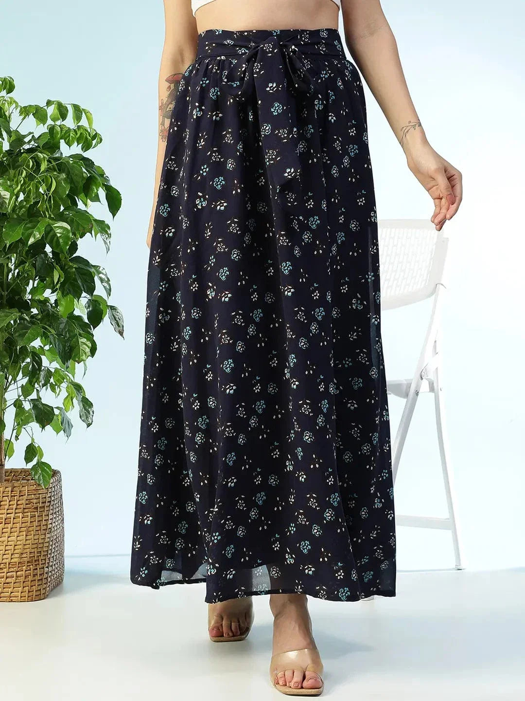 Runway Blue Floral Print Elasticated Waist With Tie-Up Belt Women Long Skirt