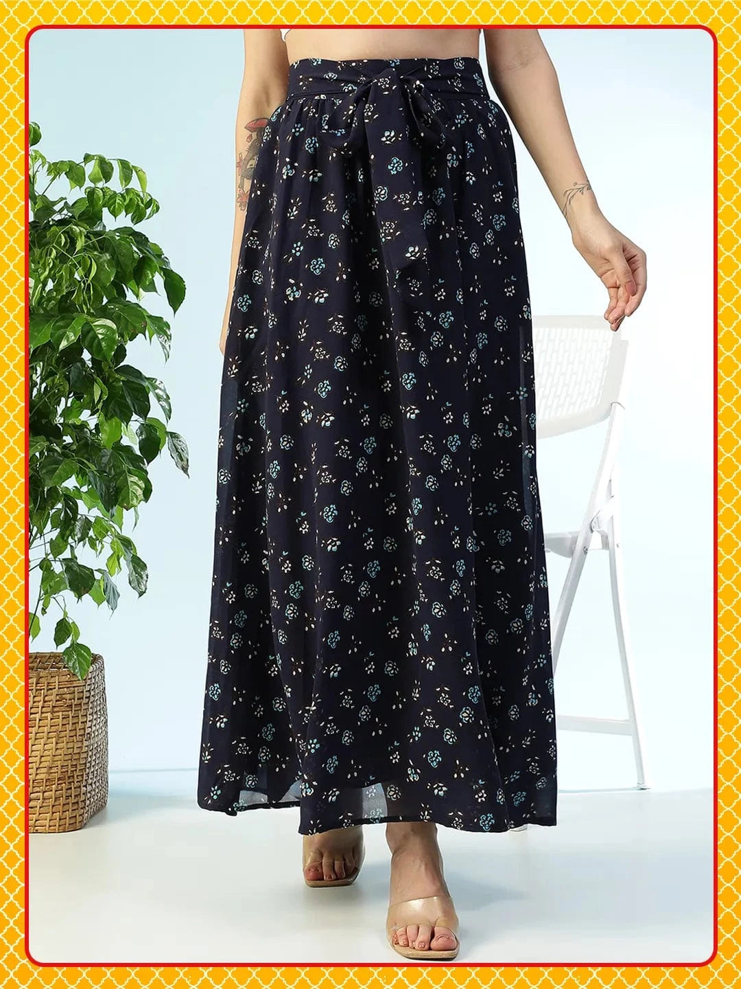 Runway Blue Floral Print Elasticated Waist With Tie-Up Belt Women Long Skirt