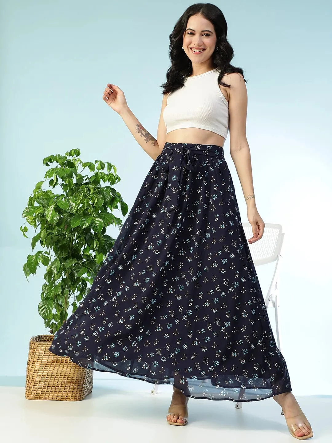 Runway Blue Floral Print Elasticated Waist With Tie-Up Belt Women Long Skirt