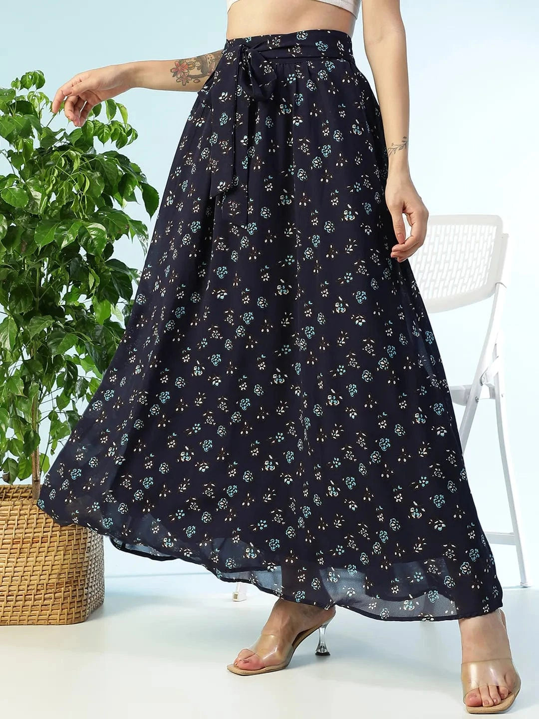 Runway Blue Floral Print Elasticated Waist With Tie-Up Belt Women Long Skirt