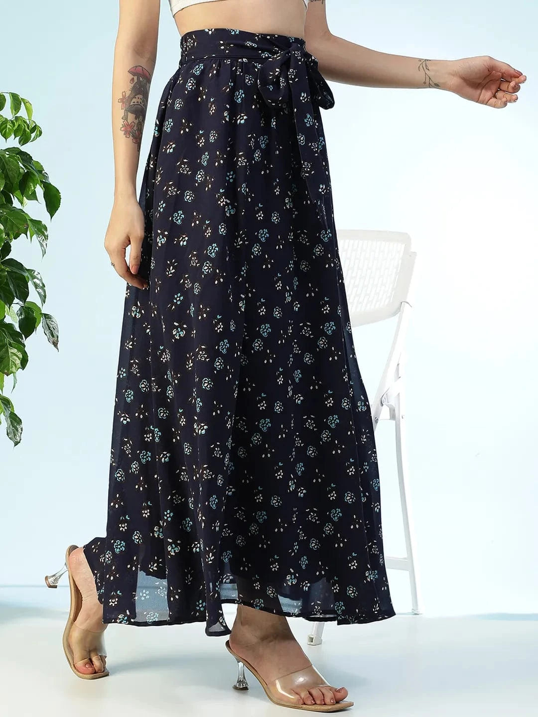 Runway Blue Floral Print Elasticated Waist With Tie-Up Belt Women Long Skirt