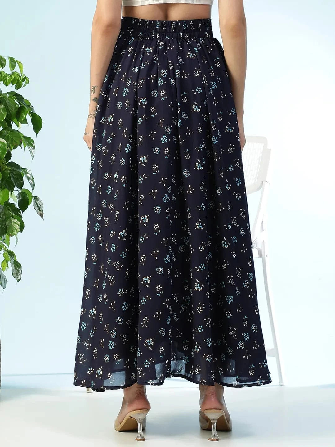 Runway Blue Floral Print Elasticated Waist With Tie-Up Belt Women Long Skirt