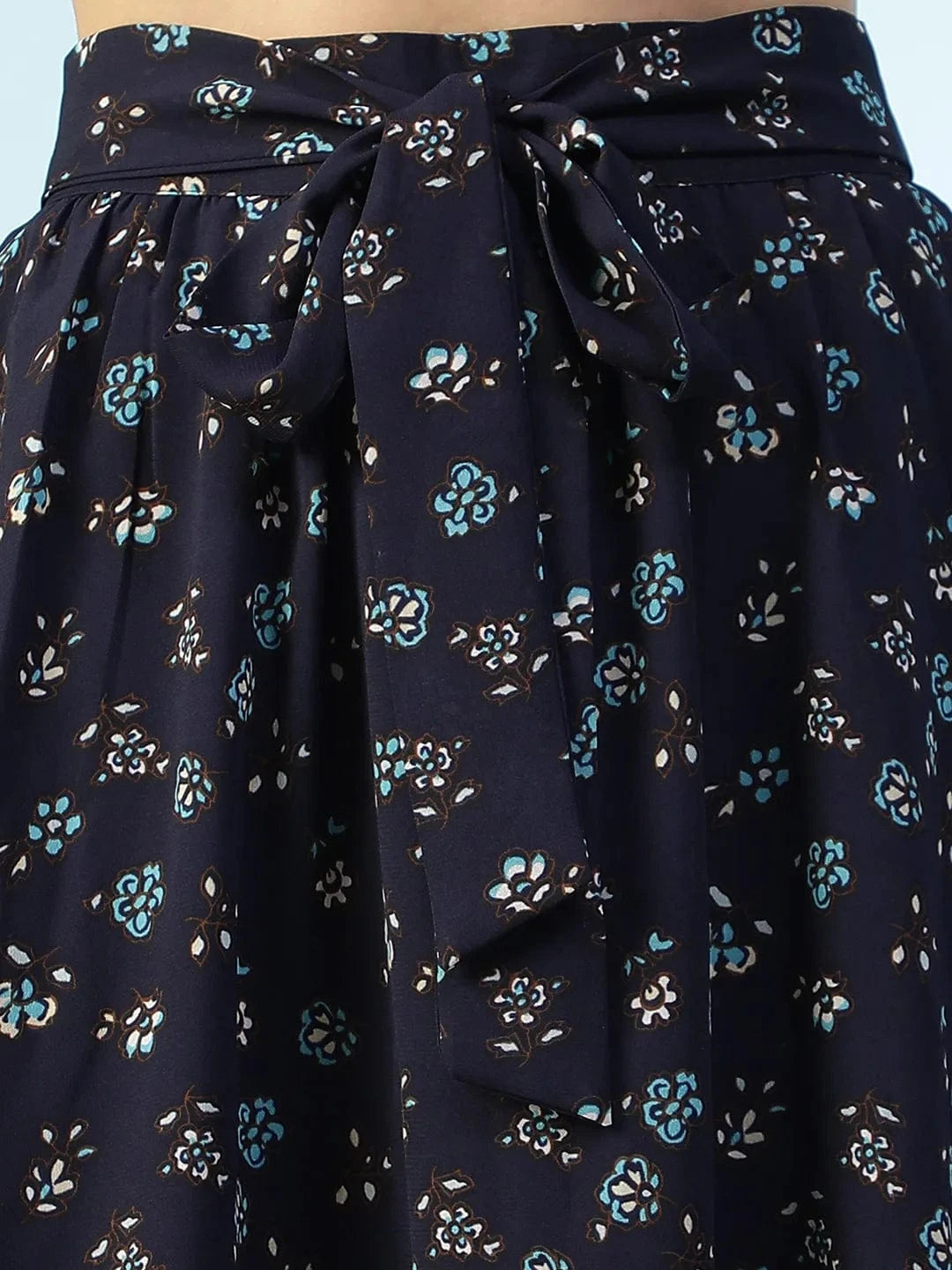 Runway Blue Floral Print Elasticated Waist With Tie-Up Belt Women Long Skirt