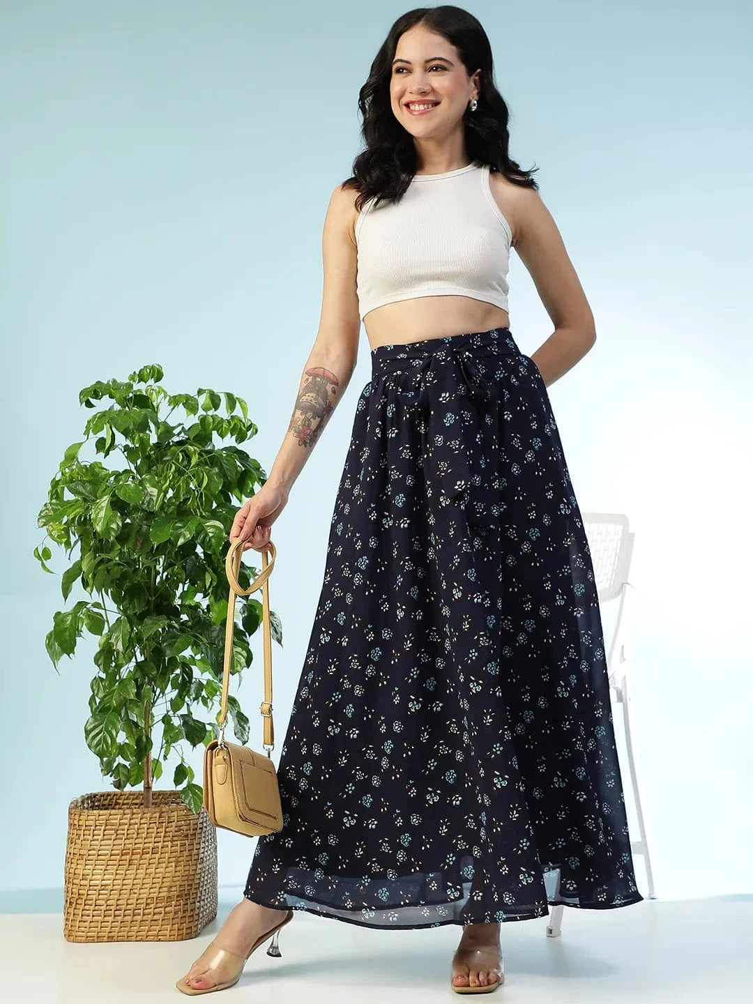 Runway Blue Floral Print Elasticated Waist With Tie-Up Belt Women Long Skirt