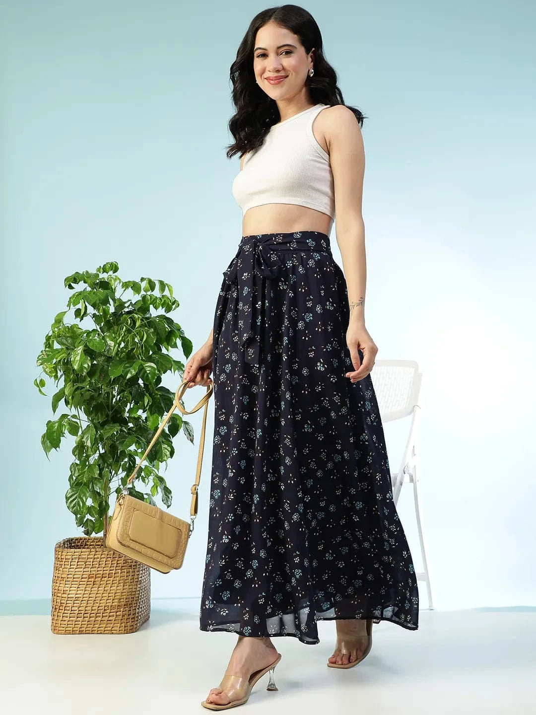 Runway Blue Floral Print Elasticated Waist With Tie-Up Belt Women Long Skirt