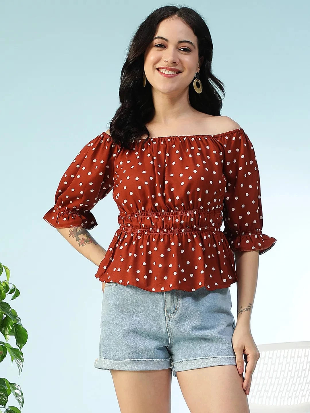 Bold Brwon Polka Dot Print Smocked Off-Shoulder Women Peplum Top