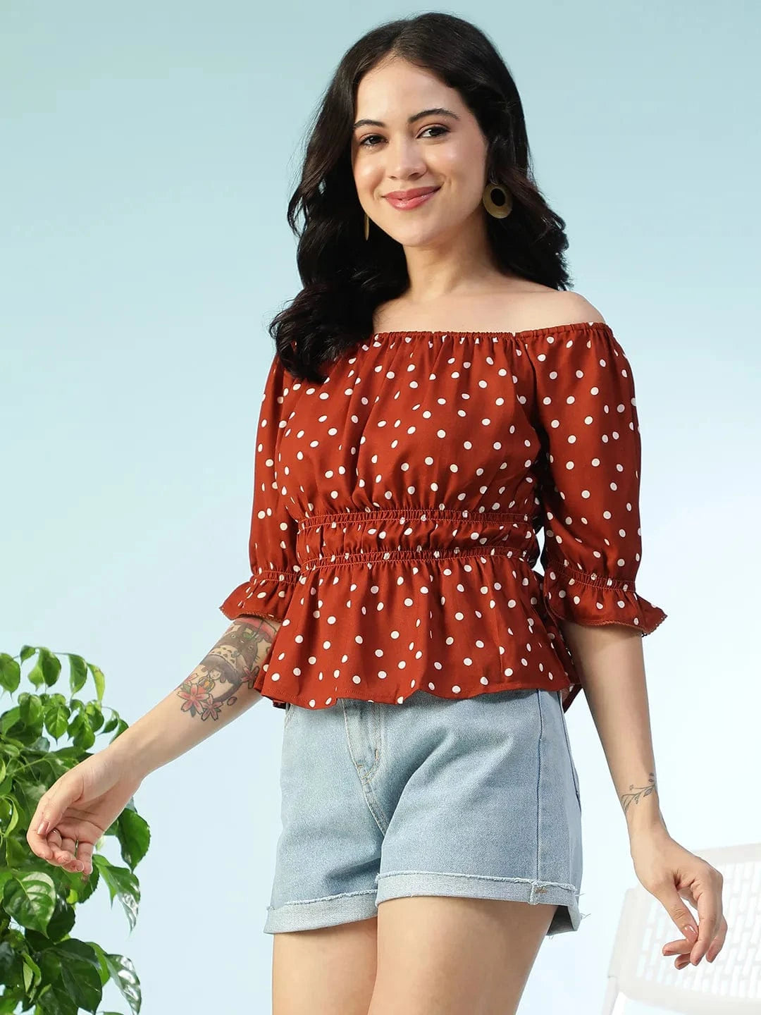 Bold Brwon Polka Dot Print Smocked Off-Shoulder Women Peplum Top