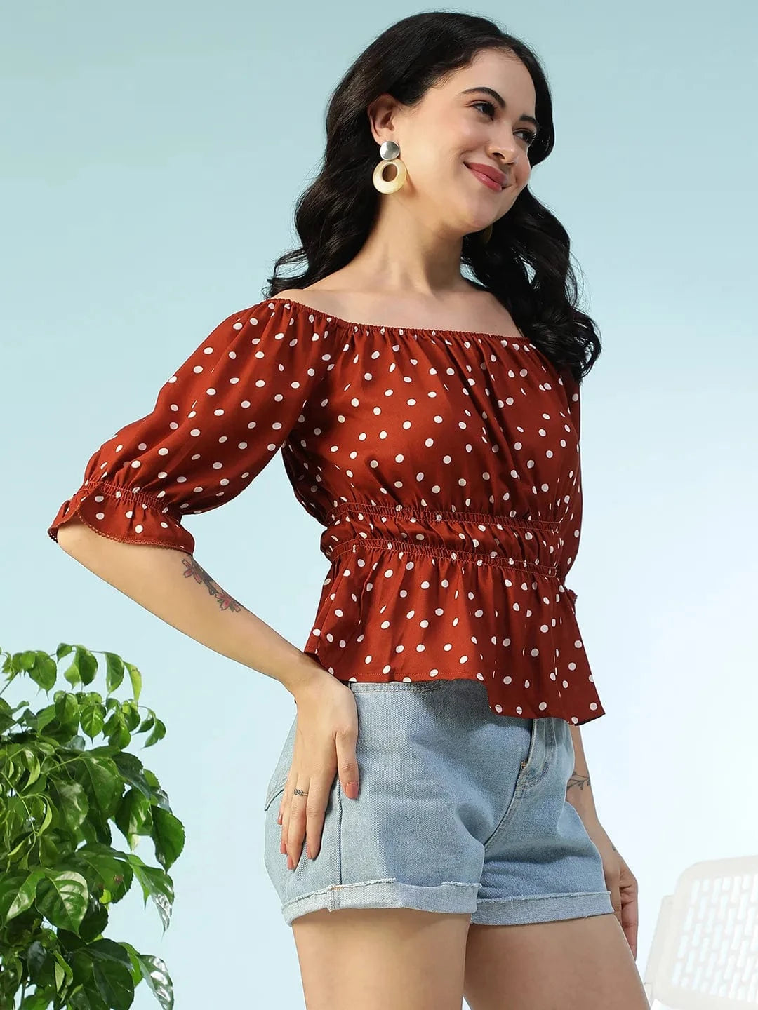 Bold Brwon Polka Dot Print Smocked Off-Shoulder Women Peplum Top