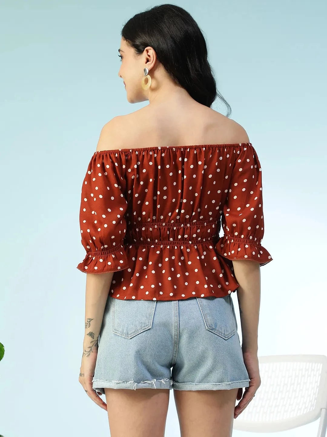 Bold Brwon Polka Dot Print Smocked Off-Shoulder Women Peplum Top