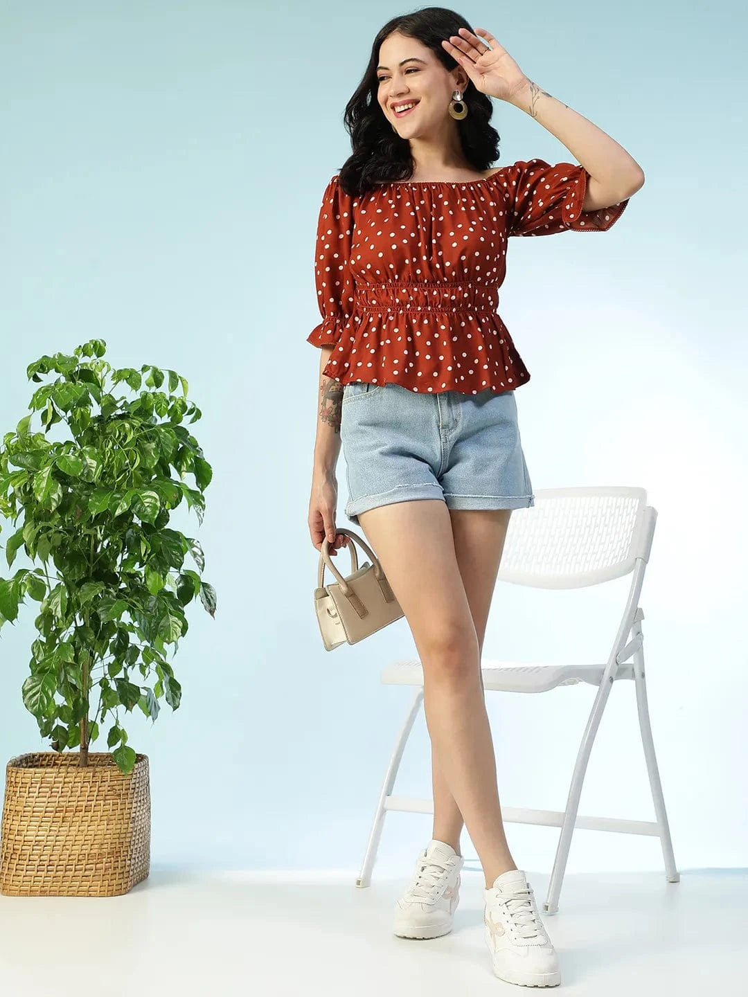 Bold Brwon Polka Dot Print Smocked Off-Shoulder Women Peplum Top