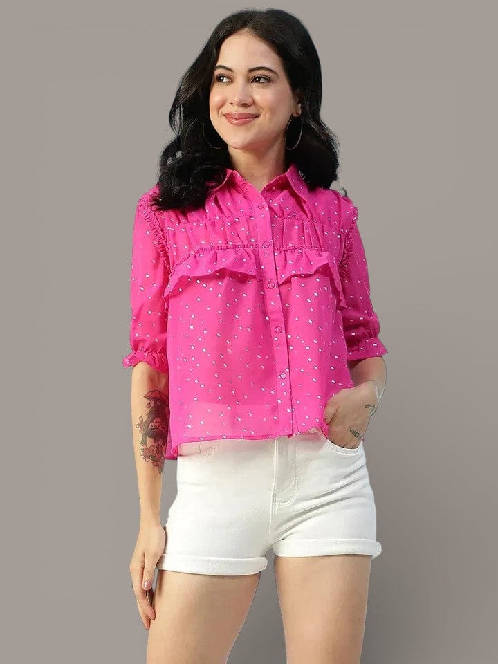 Glittery Women Shirt - Pink Ruffle Detail Collared Short Sleeve Top for Parties