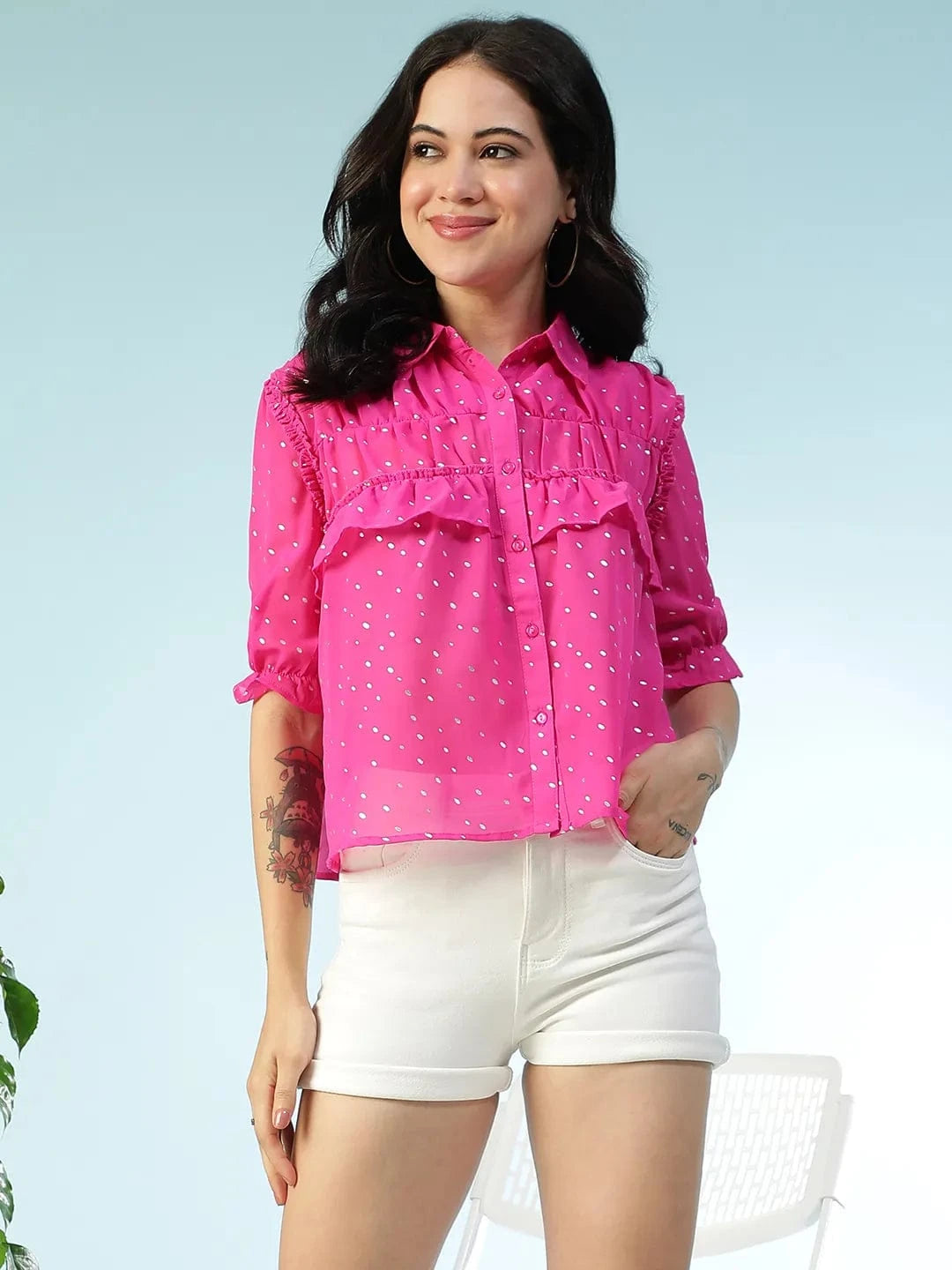Sprinky Pink Collared Short Sleeves Ruffle Detail Glittery Women Shirt