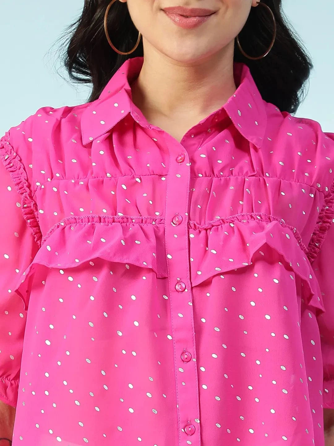 Sprinky Pink Collared Short Sleeves Ruffle Detail Glittery Women Shirt