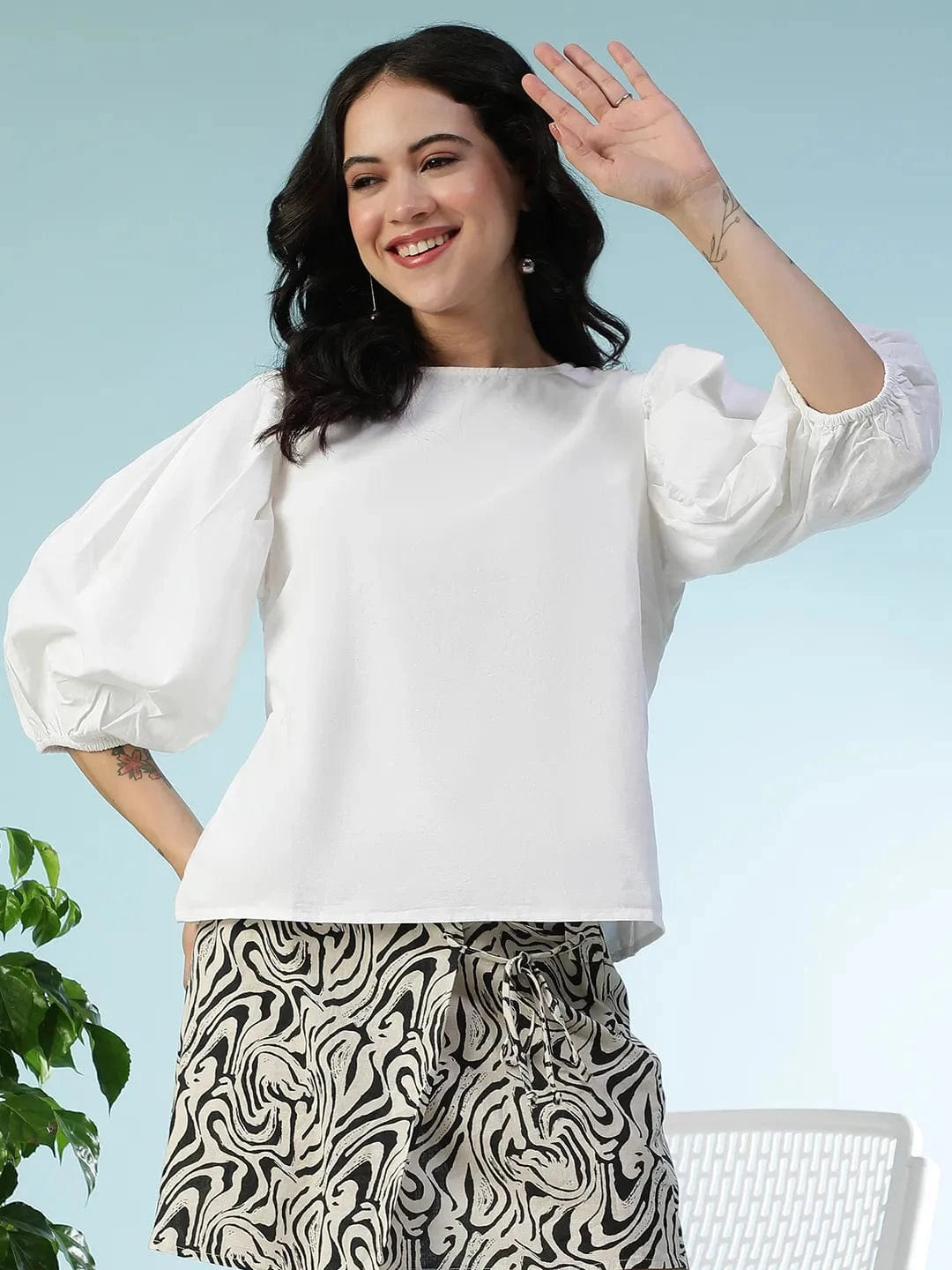 Vault Solid White Short Puff Sleeve Cotton Linen Women Top