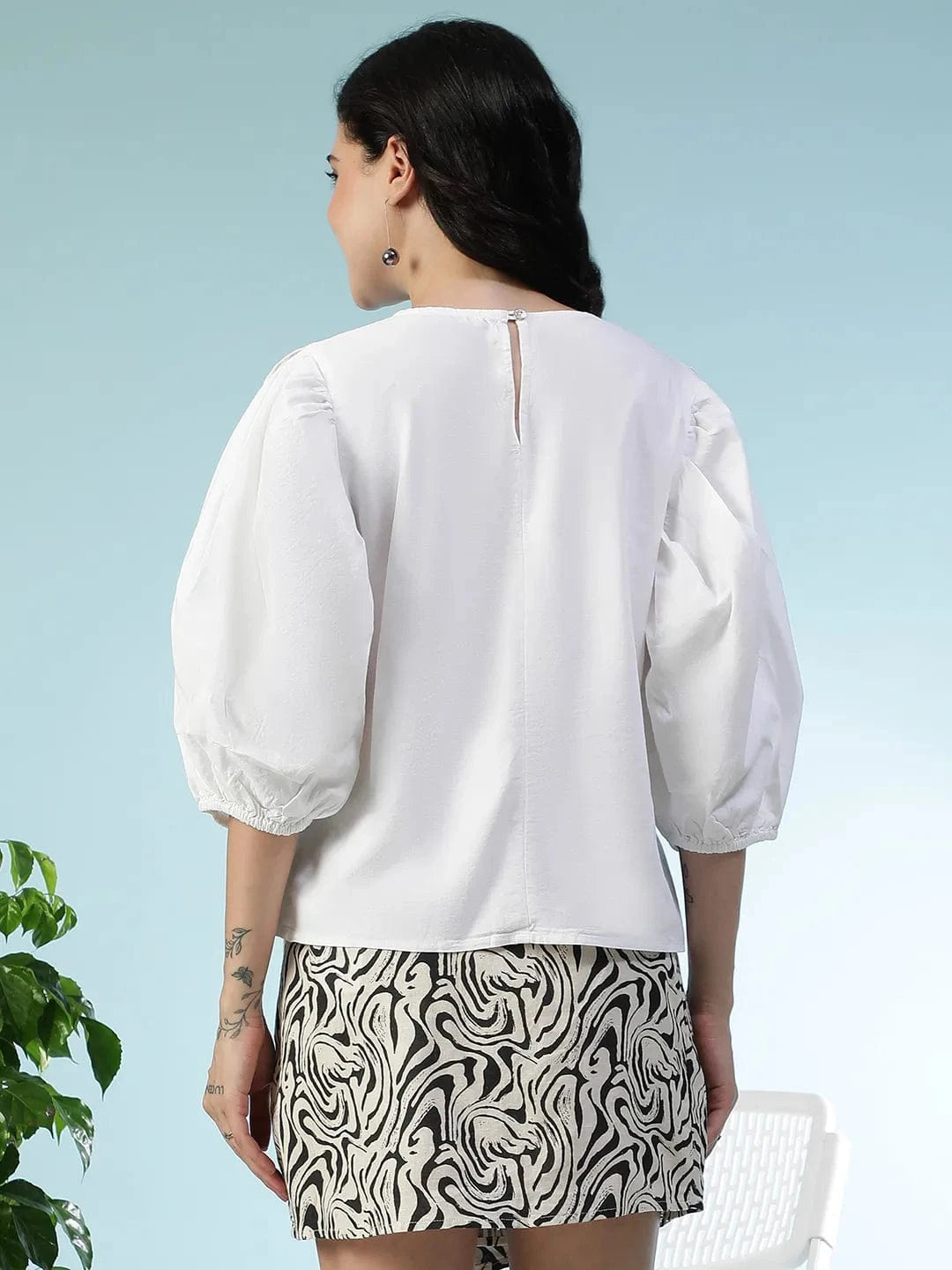 Vault Solid White Short Puff Sleeve Cotton Linen Women Top