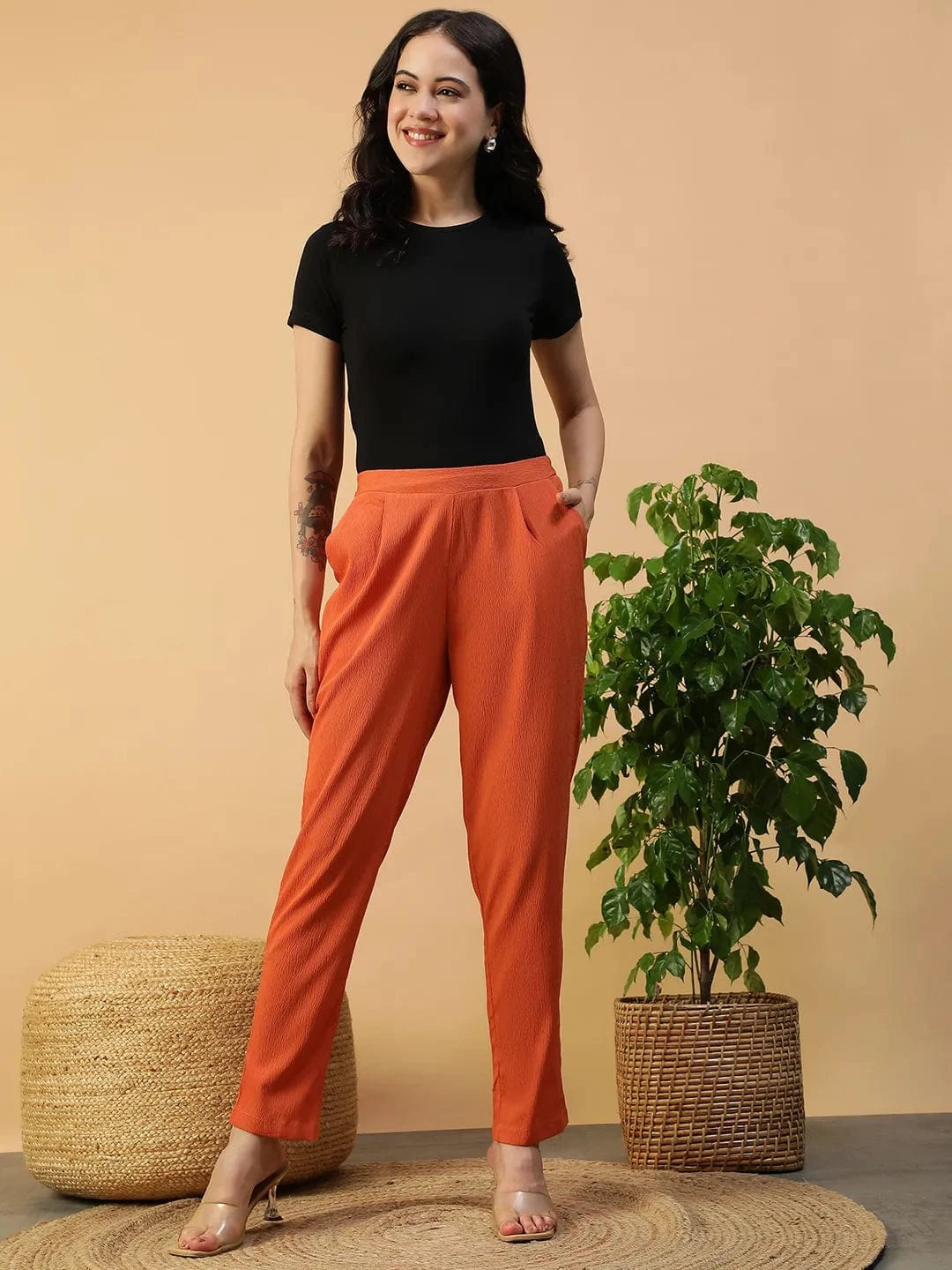 Glowtide Orange Elasticated Tapered Fit Narrow Women Pant