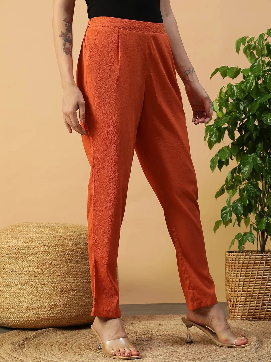 Glowtide Orange Elasticated Tapered Fit Narrow Women Pant