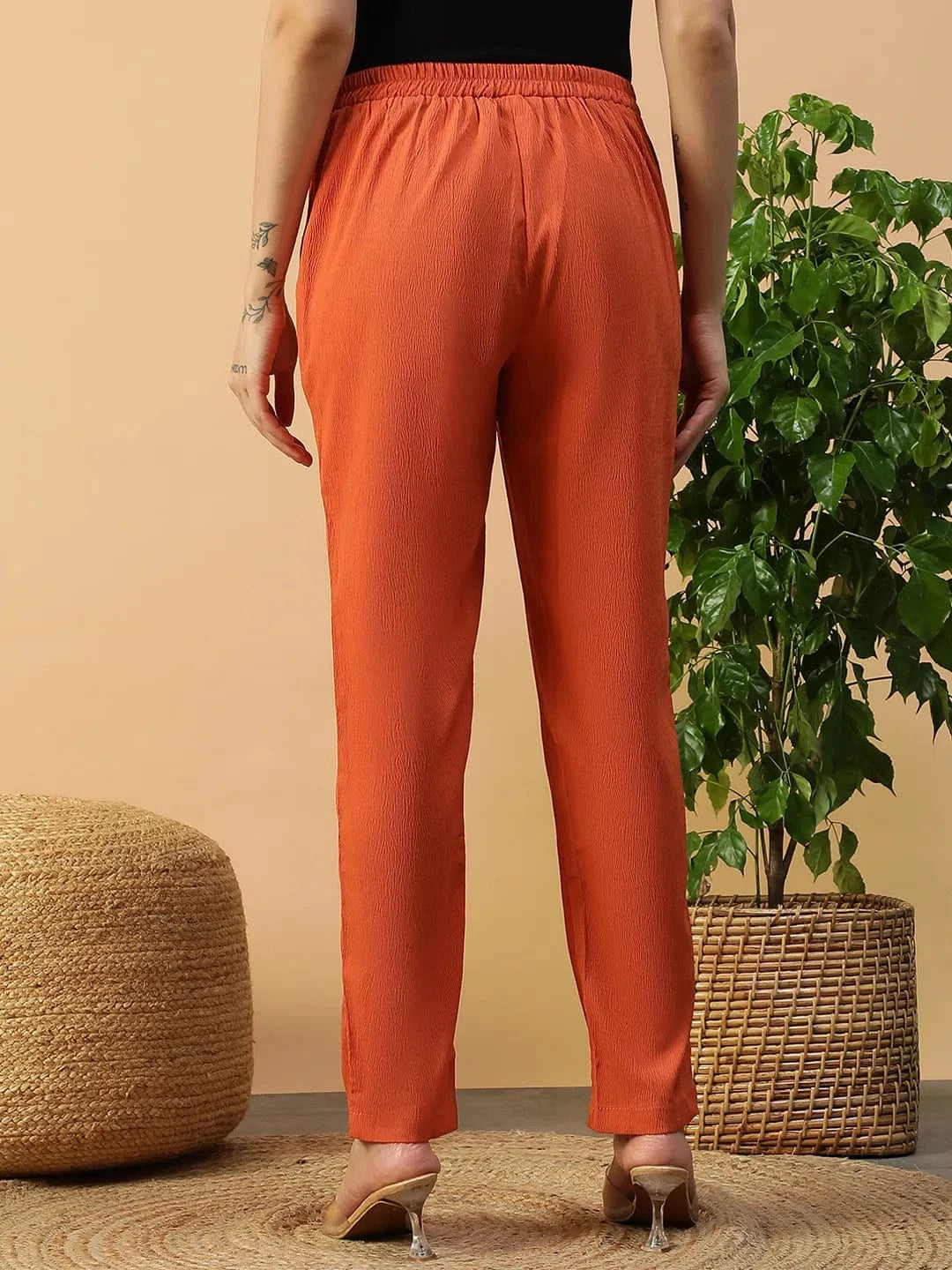 Glowtide Orange Elasticated Tapered Fit Narrow Women Pant