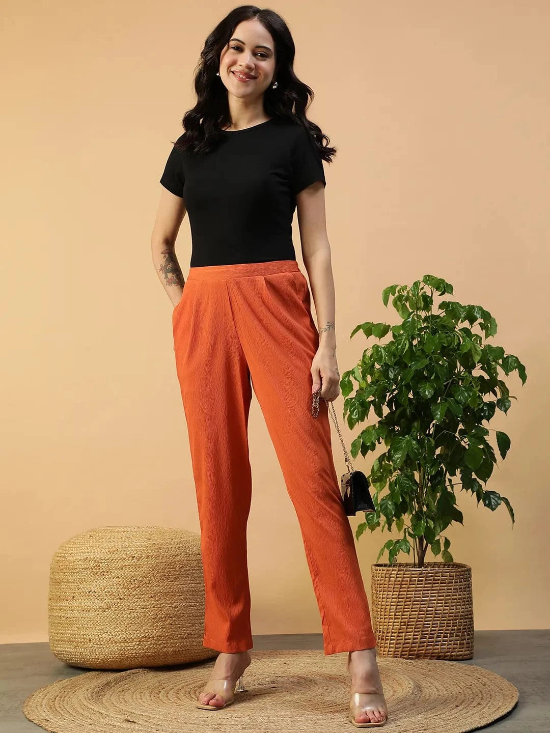 Glowtide Orange Elasticated Tapered Fit Narrow Women Pant