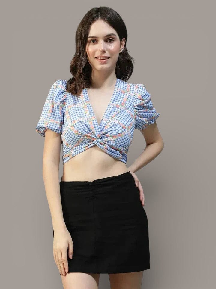 Blue Floral Crop Top - Women's V Neck Short Sleeve Printed Casual Blouse