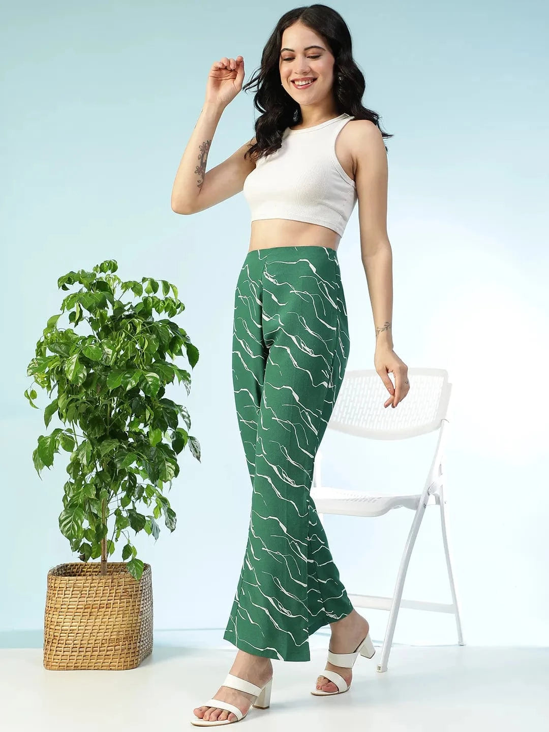 Flexette Green Abstract Print Elastiacted Women Flare Pant