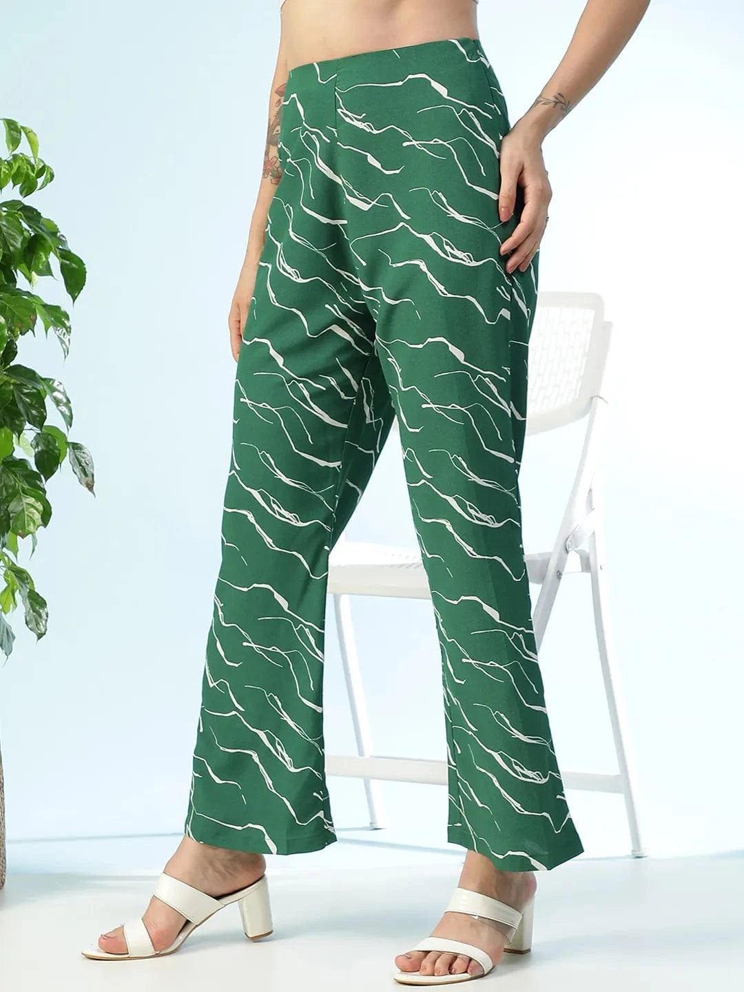 Flexette Green Abstract Print Elastiacted Women Flare Pant