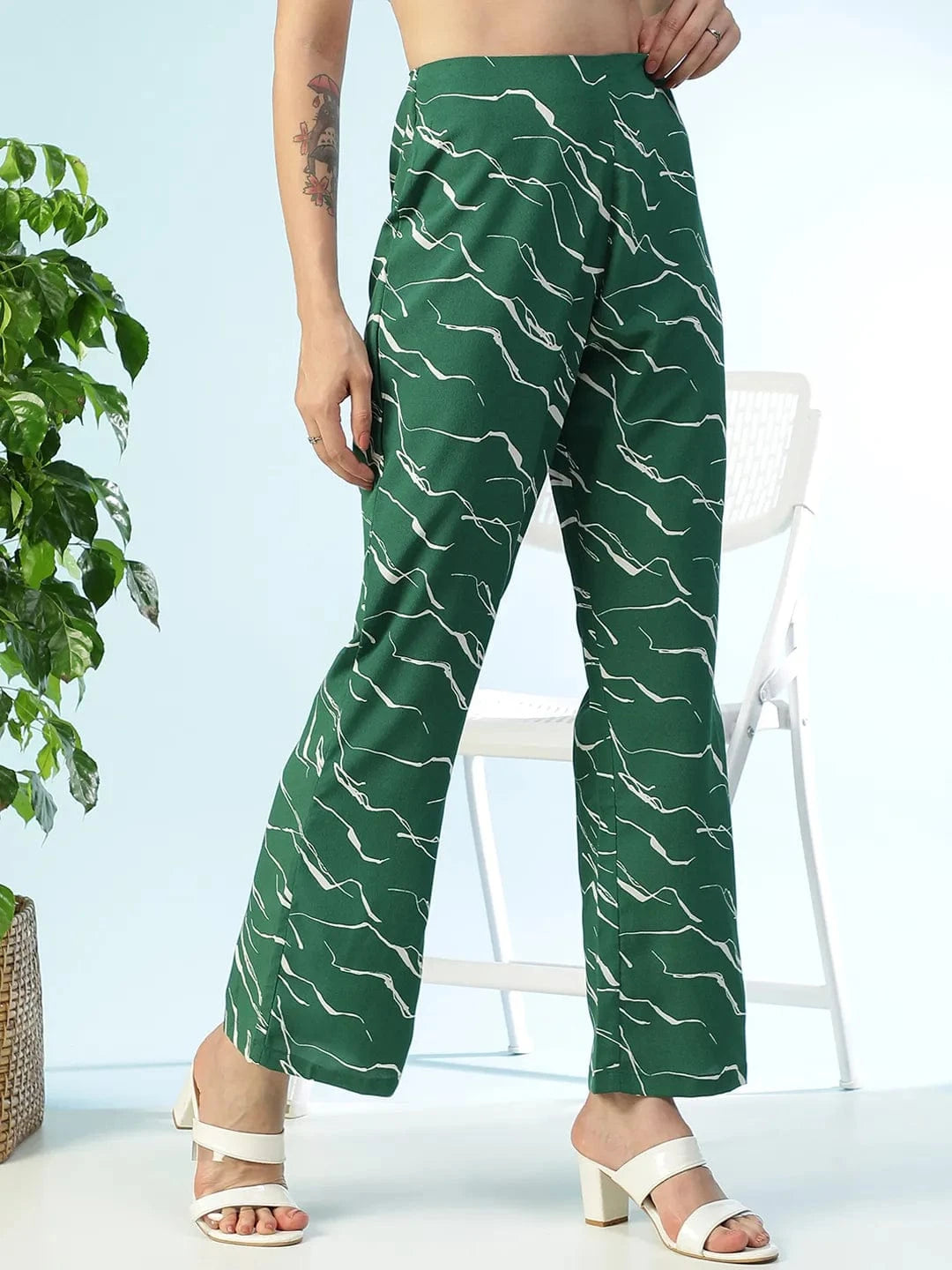 Flexette Green Abstract Print Elastiacted Women Flare Pant